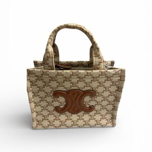 CELINE beige & brown Triomphe canvas SMALL CABAS THAIS SHOPPING Tote Bag